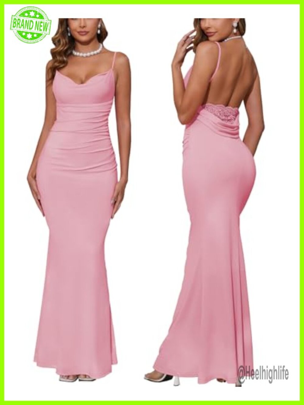 Women Spaghetti Strap Lace Backless Mermaid Maxi Dress Draped Neck Gown